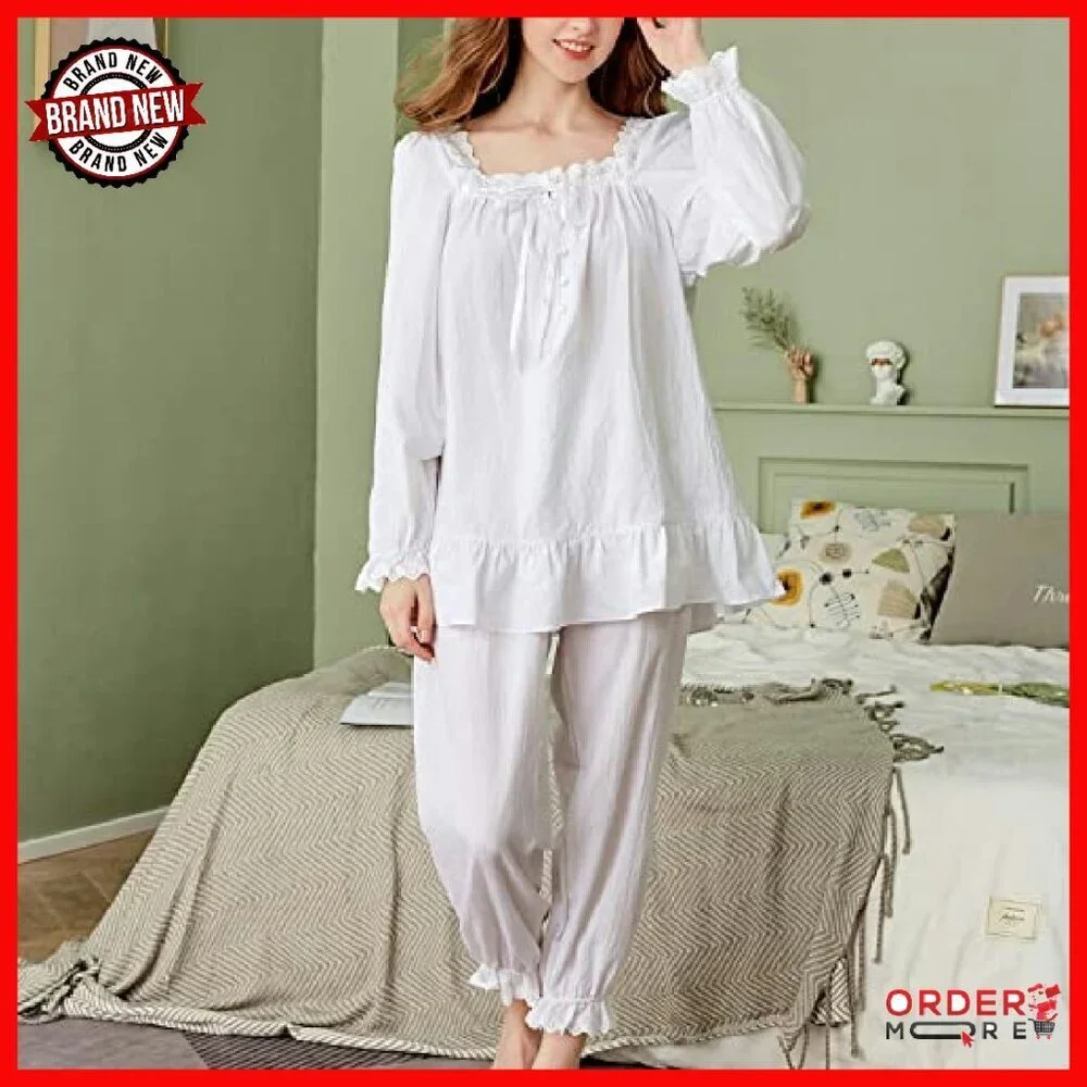 Women's Cotton Pajama Set Vintage Lace Long Sleeve Sleepwear